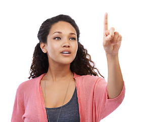 Image showing Future, ai and finger with a black woman in studio isolated on a white background using touchscreen technology. Internet, cyber and dashboard with a young female touching blank space for branding