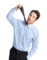 Image showing Portrait, businessman and tie for depression, anxiety or stress problem on studio white background. Face, fail and choking, unhappy and young entrepreneur hanging, suicide and isolated in distress