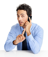 Image showing Phone call, portrait and stop with a business man in studio isolated on a white background talking with a hand sign. Finance, contact and communication with a male employee chatting on a smartphone