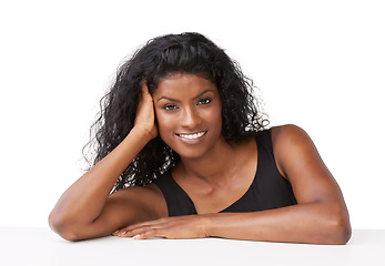 Image showing Portrait, beauty and mockup with a model indian woman in studio isolated on a white background for a product or brand. Face, happy and smile with a young female posing to promote product placement