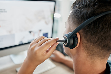 Image showing Microphone, computer us or call center consultant networking, talking or speaking of a financial loan policy. Contact us, telemarketing job or crm salesman in conversation with client on help screen