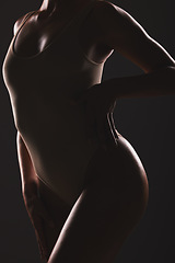 Image showing Beauty, body and silhouette of a woman in studio with a sensual, seductive and natural pose. Wellness, body care and shadow figure of a slim girl model posing while isolated by dark black background.