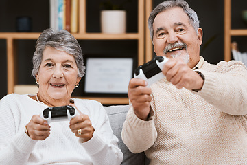 Image showing Video game, portrait and senior couple on sofa relaxing, bonding and gaming together in living room. Happy, fun and elderly man and woman gamers in retirement playing online for entertainment at home