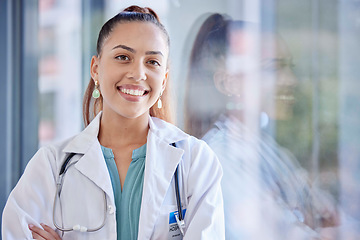 Image showing Health portrait, doctor and woman with smile in hospital, happy with success in cardiovascular healthcare. Medical professional smile, cardiology and female in medicine with health care mockup