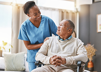 Image showing Help, support and wheelchair with nurse and old man for disability, rehabilitation or healing. Retirement, physiotherapy and healthcare with patient and black woman nursing home for medical caregiver