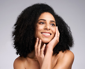 Image showing Black woman, beauty and skincare face portrait with a smile, glow and happiness for clean skin on studio background. Aesthetic model with afro hair and dermatology, cosmetic and makeup facial results