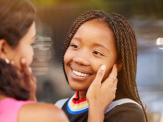 Image showing Lesbian love, couple and pride with lgbtq, same sex relationship and commitment with face touch and care. Homosexual, close face and freedom with happy gay women, smile and lgbt community