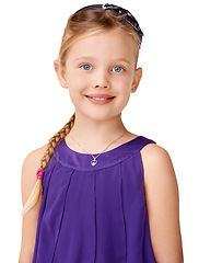 Image showing Happy, smile and portrait of a cute girl in a dress on a white background in studio. Fashion, stylish and headshot of a model in clothes for confidence, happiness and style on a studio background