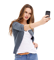 Image showing Digital smartphone, studio selfie and woman with cellphone memory picture for social media app, online website or social network. Mobile tech user, phone photo and model girl pose on white background