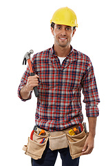 Image showing Handyman, portrait and man construction worker with hammer, construction and employee with helmet for safety. Maintenance, tools and building construction with contractor against white background