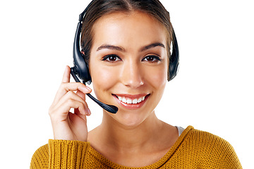 Image showing Call center consultant, portrait of happy woman isolated with smile and communication on white background. Telemarketing, crm and woman in headset at help desk for customer service agency in studio.