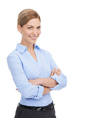 Image showing Portrait, business and woman arms crossed, happy and ceo isolated on white studio background. Female, entrepreneur and manager with corporate deal, team leader or achievement for company sales growth