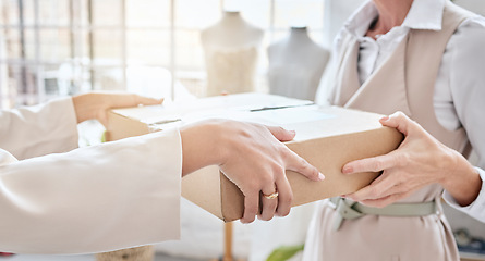 Image showing Fashion store, delivery box and women hands giving stock product for commercial distribution, courier shipping or export. Logistics, retail packaging container or people work in supply chain industry