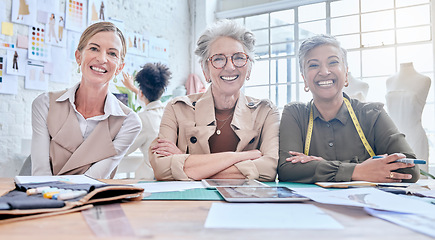 Image showing Design team, portrait and business meeting of a fashion marketing group happy about store success. Ecommerce, designer sales and diversity of people planning a online shopping strategy with a smile