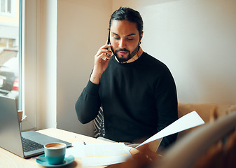 Image showing Startup, research or business man for phone call in coffee shop for corporate planning, life insurance or networking. Remote work, documents or male on smartphone for communication or telemarketing