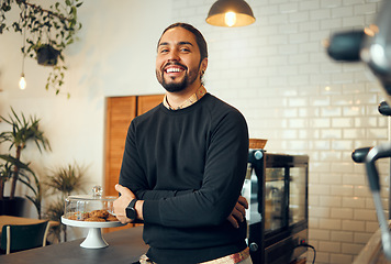 Image showing Coffee shop owner, portrait and small business barista standing with proud smile from job. Restaurant, happy person and man with arms crossed ready for waiter work or staff management with happiness