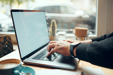 Image showing Laptop screen, mockup and hands in coffee shop for e learning, student online education and phd research. Computer mock up, internet cafe and person studying, typing and website information search