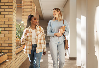 Image showing School, education and university students, women or people walking to class in campus community and laughing. Diversity friends, black woman and talking of meme or happy college and social lifestyle