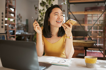 Image showing Phone call, laptop and Asian woman for creative startup in planning, online conversation and talking to client. Communication, network and girl with smartphone, computer and notebook for art business