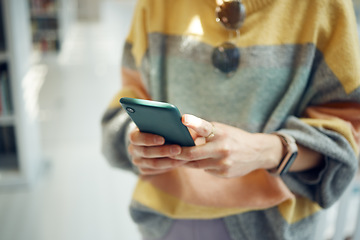 Image showing Search, analytics or zoom of hands with phone for internet research, social media content or networking. Planning, internet or hand on smartphone for social network, blog review or media web design