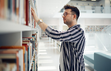 Image showing Library book shelf, choice and education student search for history books for research, university study or college project. Knowledge learning, school reading assignment or scholarship man studying