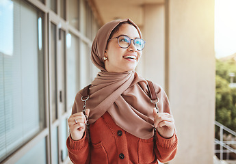 Image showing University, education student and muslim woman in campus ready for learning, studying or knowledge. College, scholarship development or Islamic female thinking or contemplating vision for future life