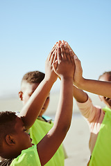 Image showing Friends, hands and children high five in support of community, teamwork and clean up project. Kids, hand and huddle for collaboration by volunteer team gathering for help, motivation and solidarity