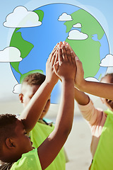 Image showing Earth, hands and high five by volunteer children collaboration to support teamwork, help and community. Hand, friends and kids connect in change, world and partnership for environment, planet or goal