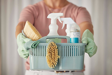 Image showing Cleaning products, cleaner service hands and home clean basket for house disinfection of dusk. Chemical, brush and woman hand in a household with hygiene equipment and rubber gloves ready for work