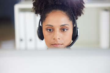 Image showing Customer service, telemarketing or woman call center consultant working on crm strategy in office. Contact us, customer support and female sales agent from Mexico doing online ecommerce consultation.