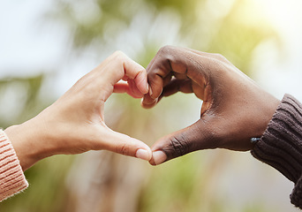 Image showing Love, a couple and heart hand sign with nature, man and woman together with affection and diversity. Marriage, heart hands and a celebration of multiracial relationship with support and trust in park