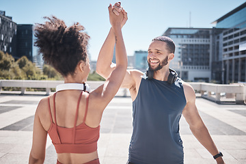 Image showing Fitness, support and couple high five in the city for running motivation, training success and health goal. Teamwork, workout smile and runner man and woman with pride in exercise achievement