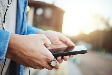 Image showing Student, hands or music earphones on university campus, school or college for social media, motivation radio or podcast. Zoom, man or mobile technology for learning research, calendar or 5g schedule