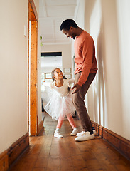 Image showing Dance, happy and ballet with father and daughter learning, support and weekend bonding. Princess, teaching and music with dad and girl in black family home for freedom, wellness and carefree helping