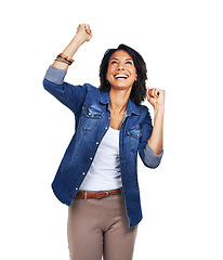 Image showing Winner, excited and success celebration of woman in studio on a white background mock up. Face, winning and happy female model celebrating victory, triumph or goal achievement, good news or lottery.