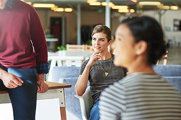 Image showing Business, woman and leader in meeting with employees, brainstorming and discussion for new project, planning and marketing campaign. Female employee, team and staff share ideas, teamwork and talking