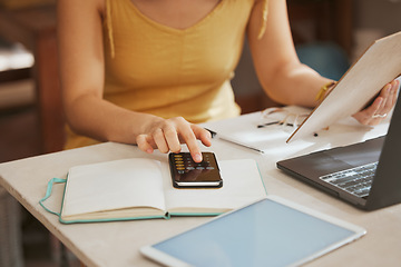 Image showing Budget, finance and planning of woman hands with accounting, business profit and e commerce startup tech. Tablet, calculator and financial person, people or small business owner investment or savings