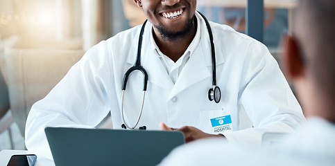 Image showing Closeup, healthcare and black doctor talking, feedback and diagnosis results in white coat, hospital and wellness. Medical professional, African American male and consultation for feedback and advice