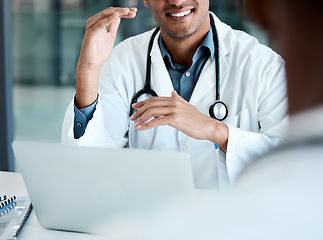 Image showing Laptop, healthcare and hands of doctor with stethoscope talking to patient for diagnosis, medical results and report. Insurance, healthcare and hospital worker with computer consulting with patient