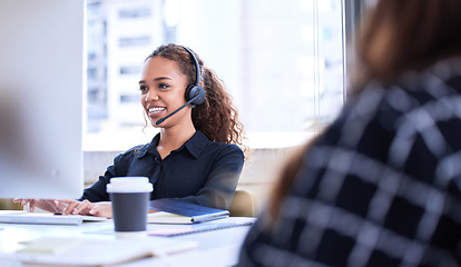 Image showing Call center, customer service and support with a business black woman consulting in her telemarketing office. Computer, contact us or sales with a female employee working as a consultant in a company