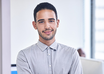 Image showing Businessman, portrait and web design worker in a office ready for working. Happy, smile and work employee in a creative tech designer company feeling calm about workplace and coworking space