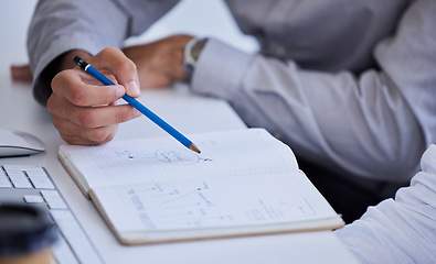 Image showing Businessman hands, book and notes at desk for coaching, learning and teaching for planning together with man. Corporate men, pencil and notebook with strategy, collaboration and teamwork in office