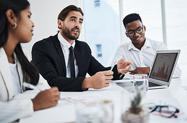 Image showing Business people, meeting or teamwork collaboration and laptop, data chart or infographic analytics in boardroom. Talking manager, CEO or leadership on technology for global company or growth planning