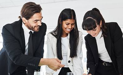 Image showing Planning, teamwork and happy business people with a strategy, training and coworking in an office. Collaboration, brainstorming and employees in a meeting for a corporate partnership at work