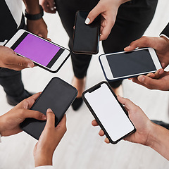 Image showing Group of people, hands and phone screen circle for marketing mockup, advertising or online networking. Blank smartphone, business people hand and teamwork digital communication or web tech meeting