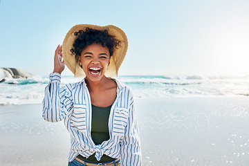 Image showing Beach, summer and portrait of black woman with smile on holiday, vacation and weekend by ocean. Travelling lifestyle, nature and happy girl laugh, relaxing and enjoying adventure, freedom and fun