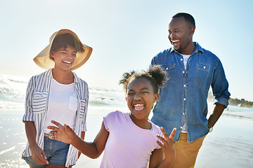 Image showing Beach, parents and portrait of African girl on holiday with a peace sign, crazy and funny in Australia. Comic, goofy and happy black family walking by the ocean to relax, travel and smile on vacation