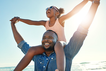 Image showing Summer, beach and girl on shoulder of father enjoying holiday, vacation and freedom on weekend. Black family, travel and happy dad and child smile on adventure for bonding, relaxing and fun by ocean