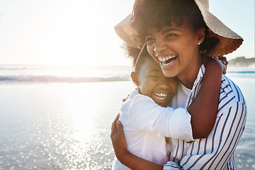 Image showing Family, kids and beach with a mother and daughter laughing or joking together in the ocean or sea. Love, children and coast with a black woman and girl having fun while bonding by the water in nature