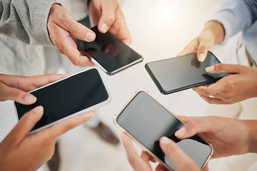 Image showing Smartphone, business people and hands with mockup, corporate communication marketing and technology with collaboration. Mobile phone, internet and networking with teamwork, employee group and connect